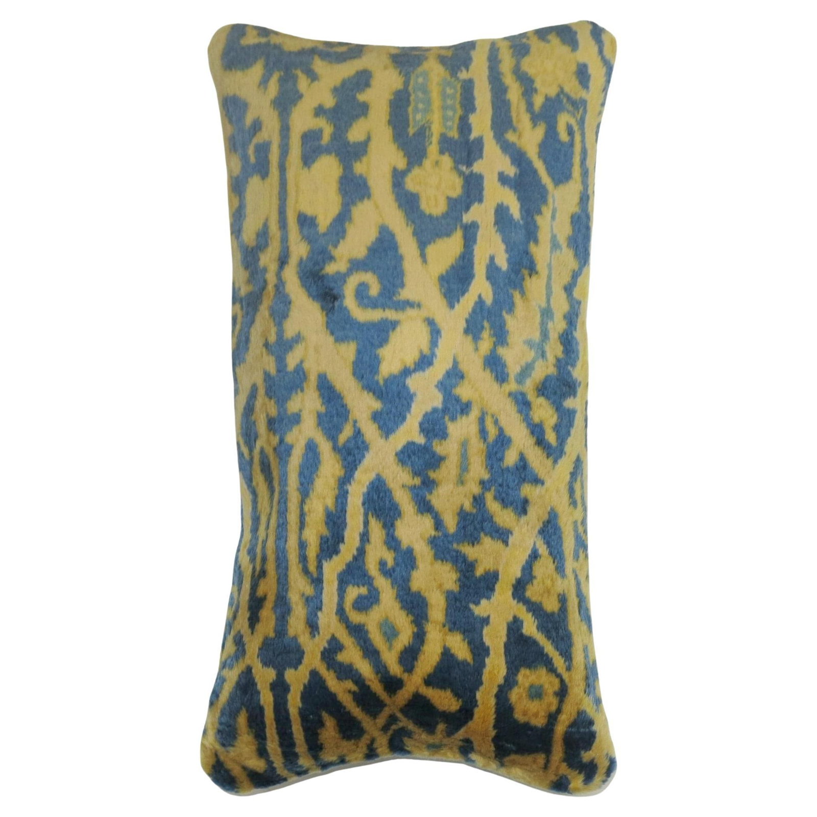 Vintage Agra Silk Pillow 14 x 24 in Blue Gold Wool: Vintage Agra Silk Pillow 14 x 24 in Blue Gold Wool Enhance your decor with this exquisite Large Bolster Vintage Indian Silk Pillow, crafted from a 20th-century Indian larestan rug. This unique piece f