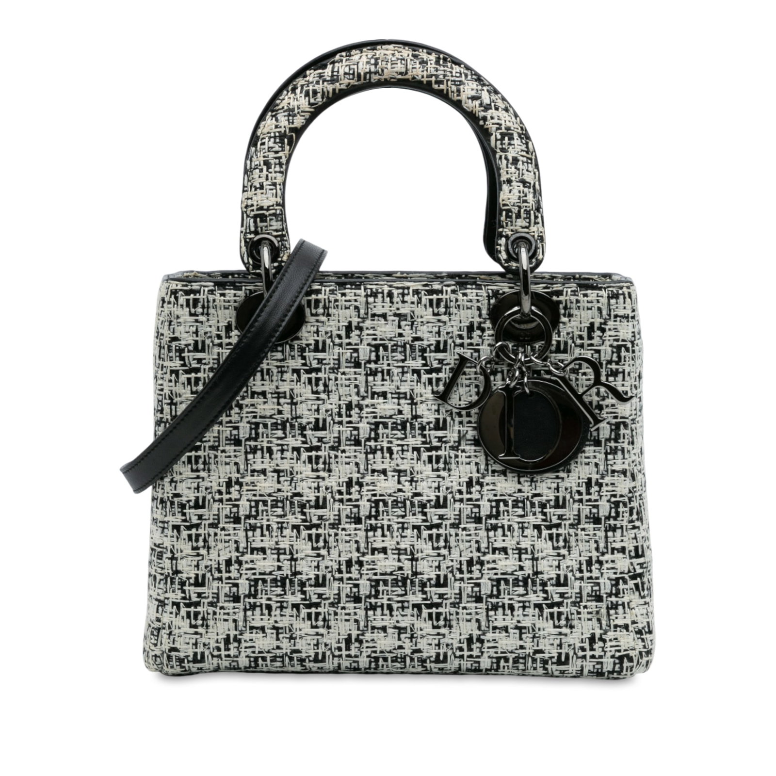 Dior Medium Tweed Lady Dior Bag White Fabric: Dior Medium Tweed Lady Dior Bag White Fabric This Medium Tweed Lady Dior bag is a stylish accessory made from a luxurious tweed fabric. It features flat leather handles and a detachable flat leather s