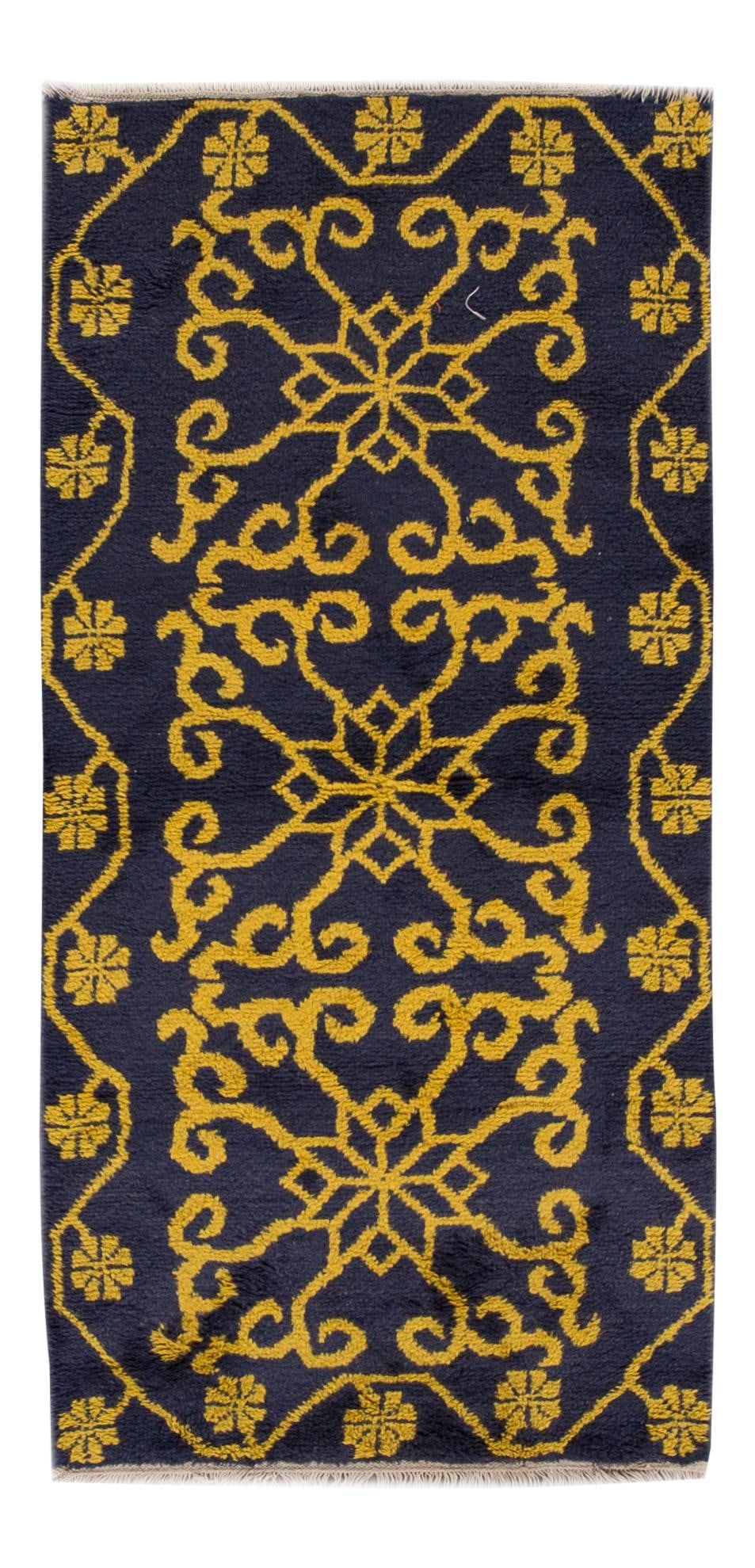 Vintage Hand-Knotted Chinese Rug 2'10" x 6' Wool Blue Yellow Accents: Vintage Hand-Knotted Chinese Rug 2'10" x 6' Wool Blue Yellow Accents This exquisite mid-20th century vintage Chinese rug features a hand-knotted construction with an allover design set against a vibra