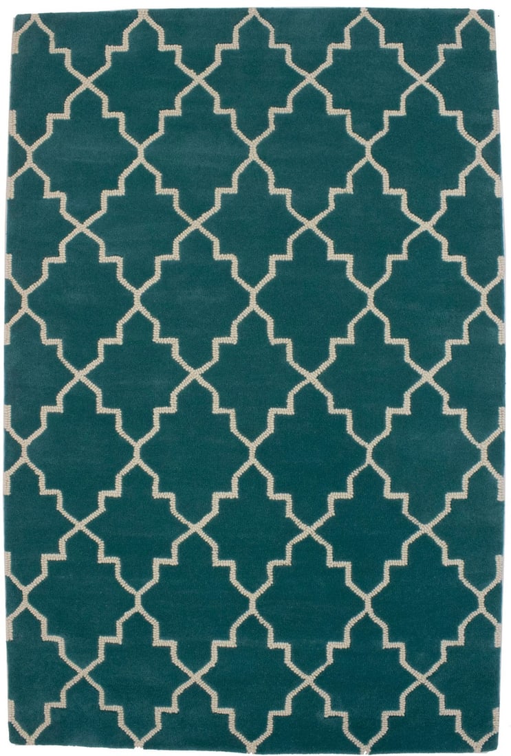 Teal Cream Wool Trellis Pattern 5x8 Modern Hand-Tufted Area Rug: Teal Cream Wool Trellis Pattern 5x8 Modern Hand-Tufted Area Rug This hand-tufted area rug features a modern trellis design in teal and cream tones, offering a contemporary touch to any space. Made fro