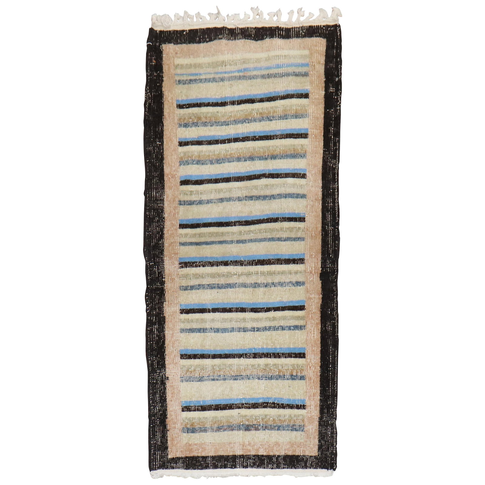 Midcentury Turkish Wool Hand-Knotted Runner in Deco Style 2' x 4'5": Midcentury Turkish Wool Hand-Knotted Runner in Deco Style 2' x 4'5" This one-of-a-kind Turkish Anatolian runner from the mid-20th century features a minimalist, mid-century modern design. Expertly han