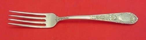 Kirk Rose Sterling Silver Dinner Fork 8 Inch Monogrammed: Kirk Rose Sterling Silver Dinner Fork 8 Inch Monogrammed This exquisite dinner fork is part of the renowned 'Rose' pattern by Kirk, crafted from high-quality sterling silver. Measuring 8 inches in len