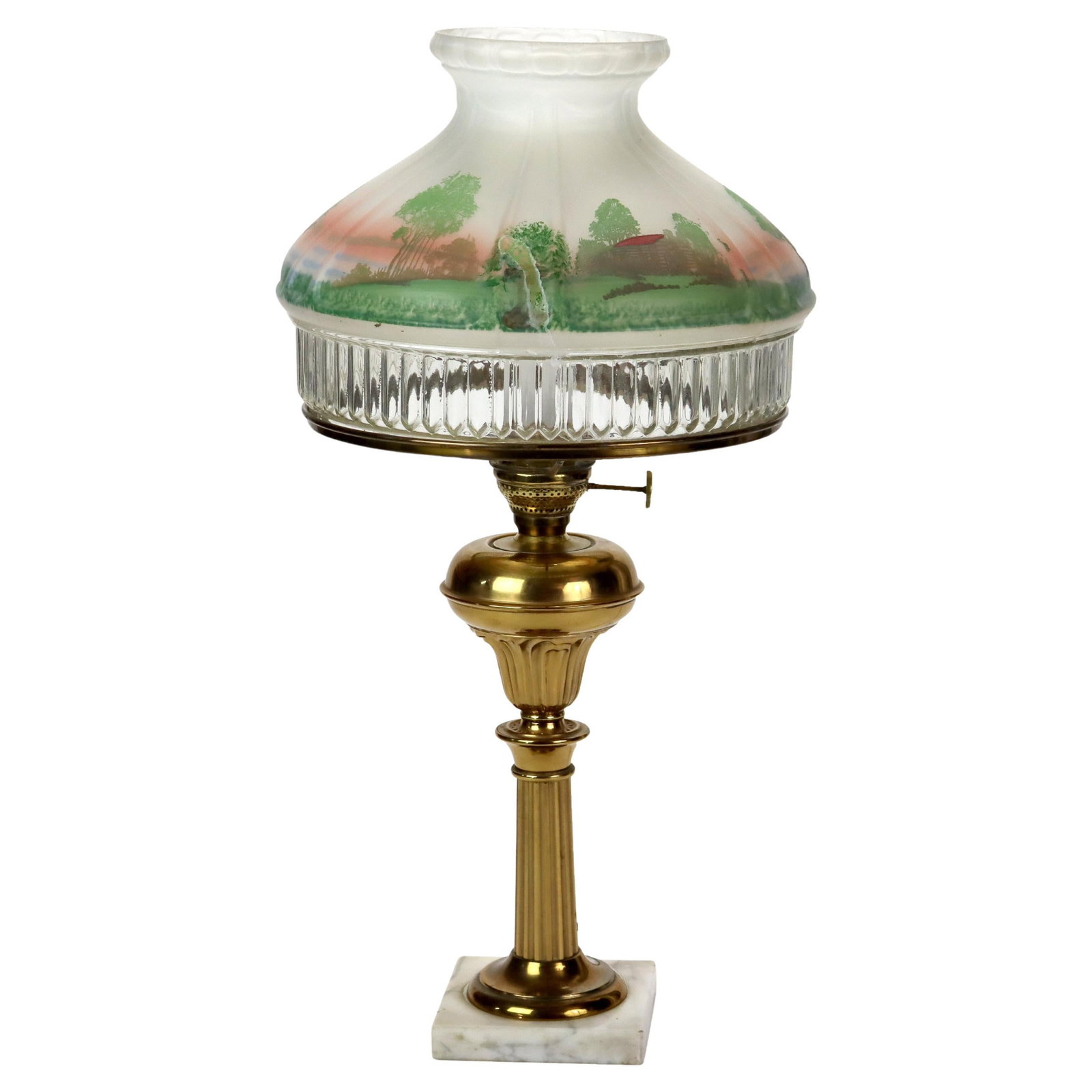 Vintage Brass Solar Lamp with Scenic Tam O' Shanter Shade C1920: Vintage Brass Solar Lamp with Scenic Tam O' Shanter Shade C1920 This exquisite brass solar style lamp, dating back to circa 1920, features a beautifully hand-painted scenic Tam O' Shanter glass shade