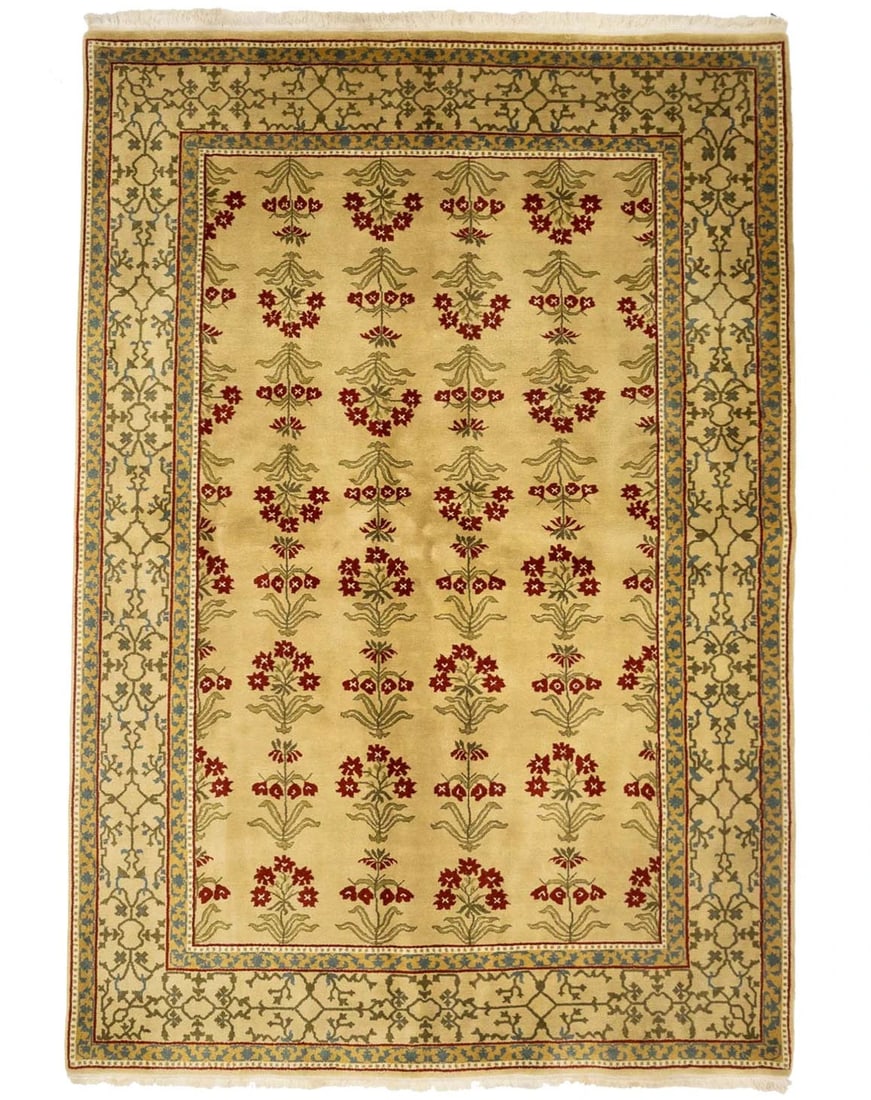 Hand-Knotted Wool Tibetan Floral Rug 6x9 Modern Reproduction: Hand-Knotted Wool Tibetan Floral Rug 6x9 Modern Reproduction This hand-knotted Tibetan area rug features a classic floral pattern in warm beige, deep red, olive green, soft sage, teal, and brown tones