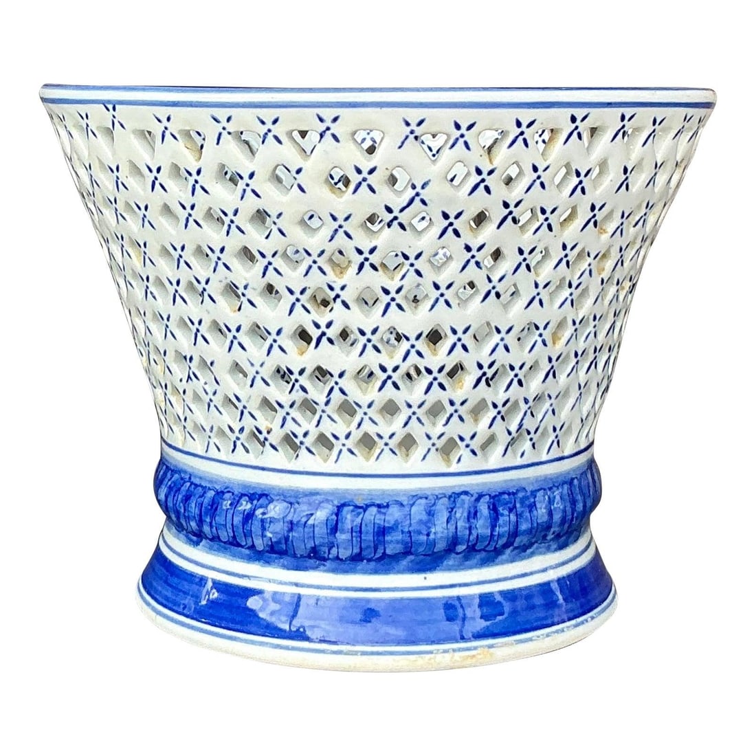 Vintage Regency Blue White Trellis Porcelain Cache Pot (1 of 10)