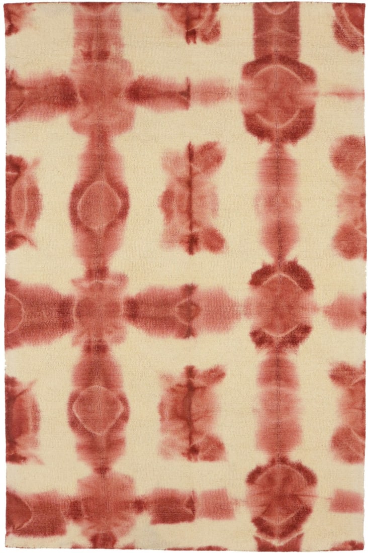 5x8 Modern Wool Area Rug Hand-Tufted Rusty Red Cream Bedroom Carpet: 5x8 Modern Wool Area Rug Hand-Tufted Rusty Red Cream Bedroom Carpet This hand-tufted wool rug features a modern tie-dye design in rusty red and cream tones. Crafted in India, it is rectangular in shap
