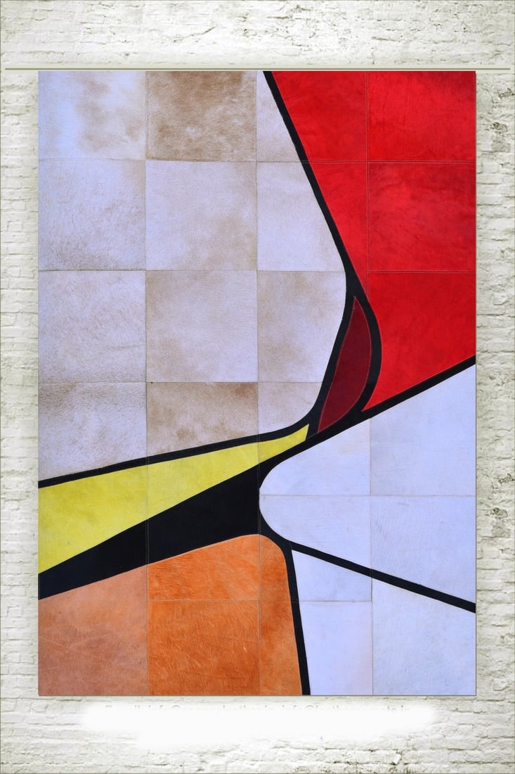 Contemporary Pop Art Abstract Patchwork Cowhide Leather Rug 3FT x 5FT: Contemporary Pop Art Abstract Patchwork Cowhide Leather Rug 3FT x 5FT Free continental US Shipping This handcrafted rug features a patchwork design made from 100% genuine hair-on cowhide leather, insp