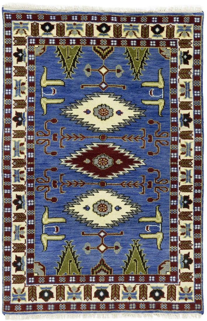 Hand-Knotted Wool Geometric Kazak Rug 4x6 Blue Modern Tribal Design: Hand-Knotted Wool Geometric Kazak Rug 4x6 Blue Modern Tribal Design This handmade Kazak Oriental rug features a striking blue geometric pattern with accents of cream, maroon, red, beige, and dark brow