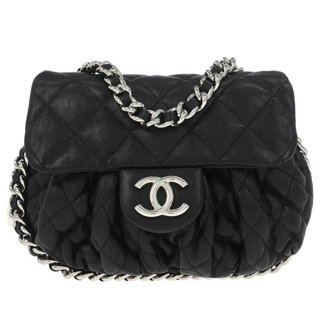 Chanel Chain Shoulder Bag Black Quilted Calfskin Medium: Chanel Chain Shoulder Bag Black Quilted Calfskin Medium This Chanel shoulder bag is crafted from black calfskin leather and features a quilted design with a chain strap. The bag has a medium size, mag