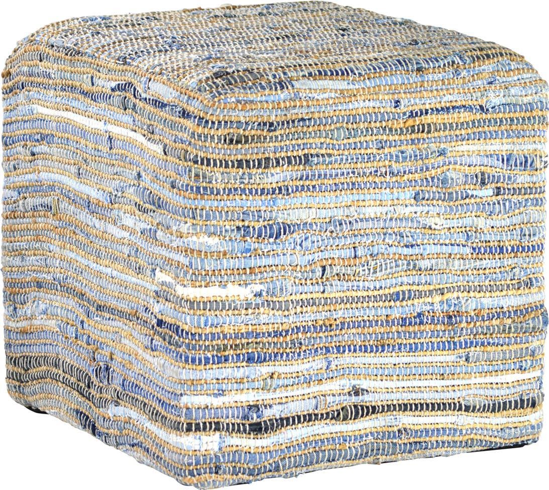 Assam Jute and Denim Ottoman Hand-Stitched Transitional Style: Assam Jute and Denim Ottoman Hand-Stitched Transitional Style Introduce a touch of elegance to your space with this Natural Jute and Denim Assam Ottoman. Crafted with a unique combination of hand-stit