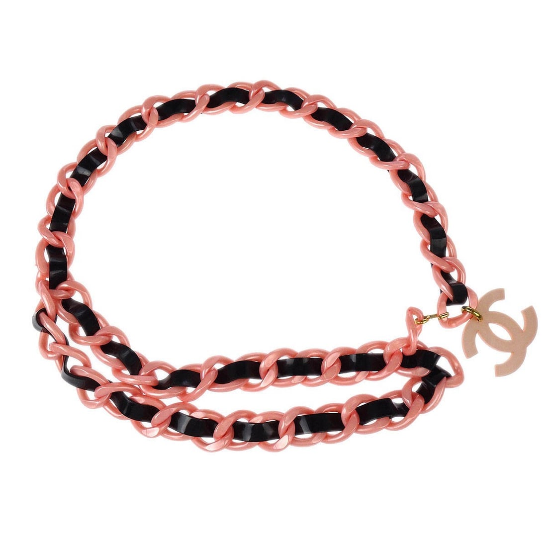Chanel Pink Acrylic Adjustable Chain Belt with CC Motif 94P: Chanel Pink Acrylic Adjustable Chain Belt with CC Motif 94P This Chanel chain belt features a striking pink and black color combination with acrylic links and classic CC accents. Designed for women, t