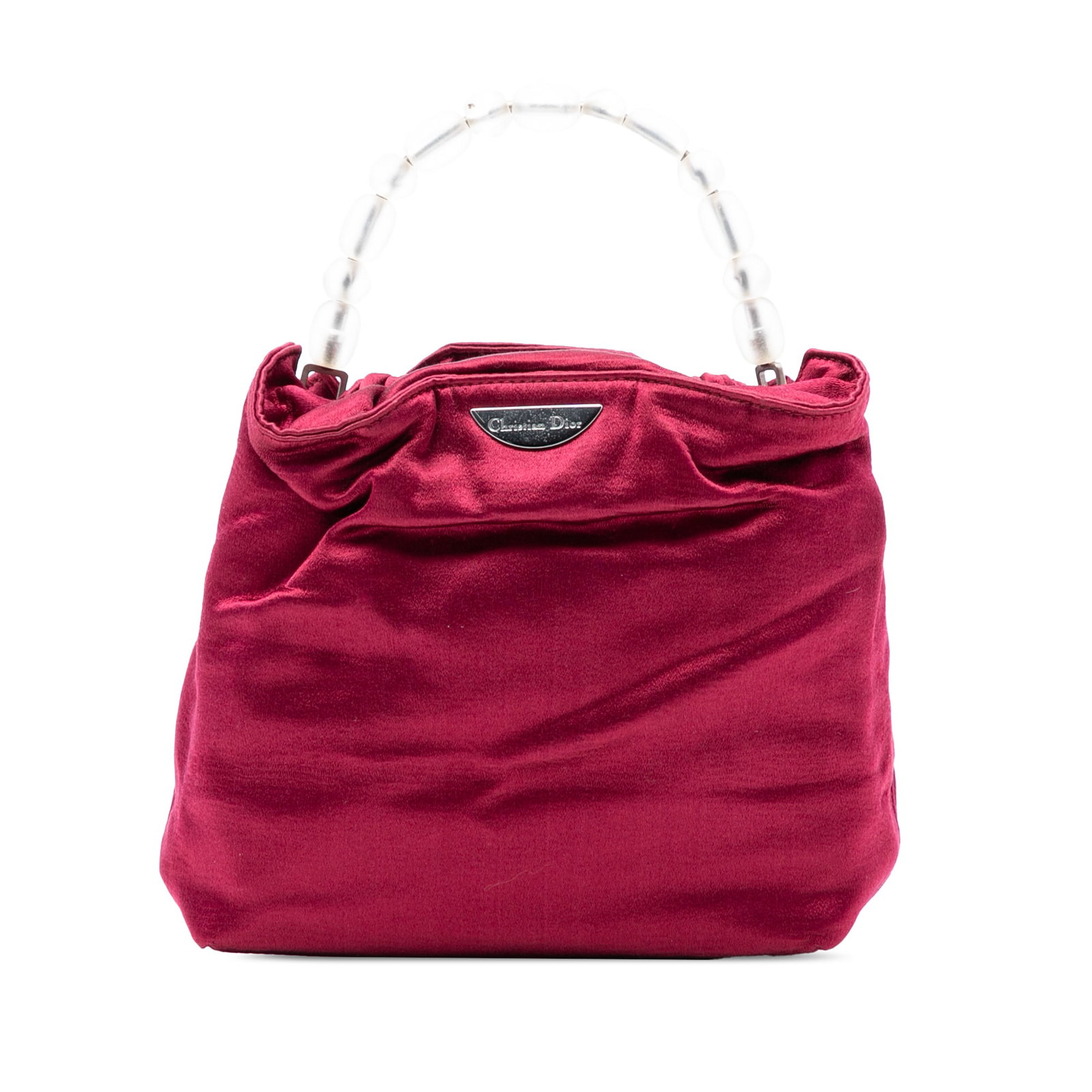 Dior Mini Malice Pearl Red Satin Bag with Beaded Handle: Dior Mini Malice Pearl Red Satin Bag with Beaded Handle This Dior Mini Satin Malice Pearl Handbag features a red satin body with a beaded plastic handle. It is designed with a gathered top and magneti