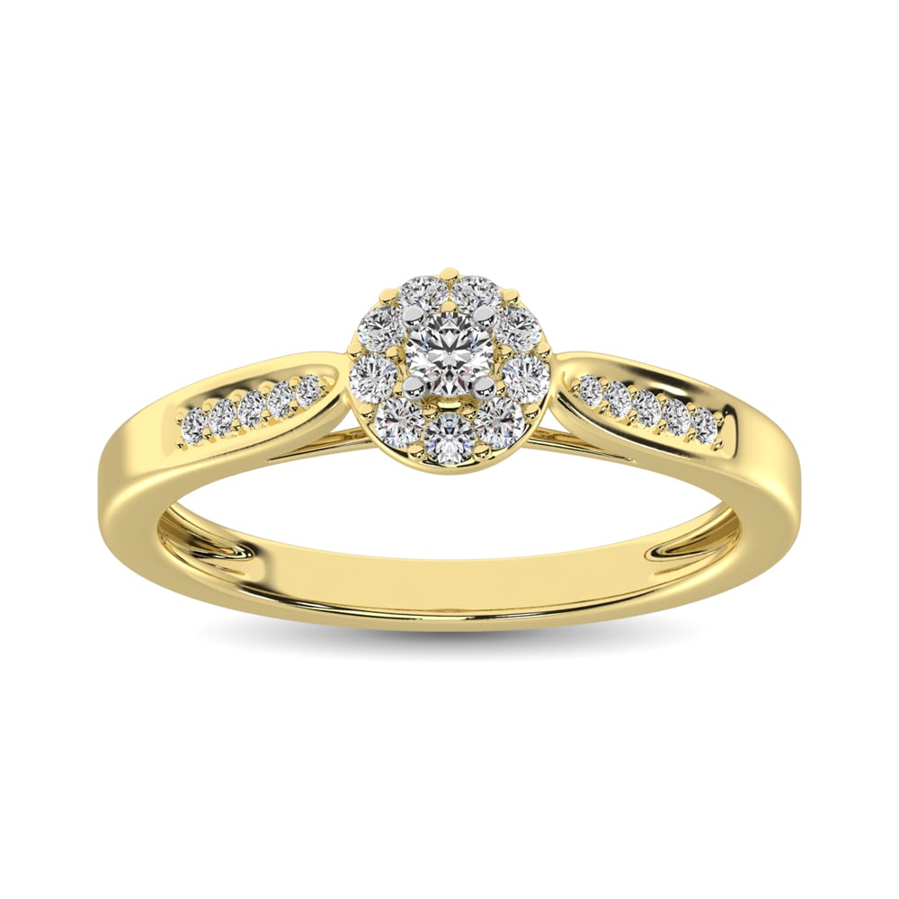 10K Yellow Gold 1/4 Ct.tw Diamond Promise Ring: 10K Yellow Gold 1/4 Ct.tw Diamond Promise Ring This glamorous ring is available in 10k Yellow Gold. There are 10 round diamonds with a total carat weight of 1/4 Ct.Tw. set in a Prong setting. 10k Yell