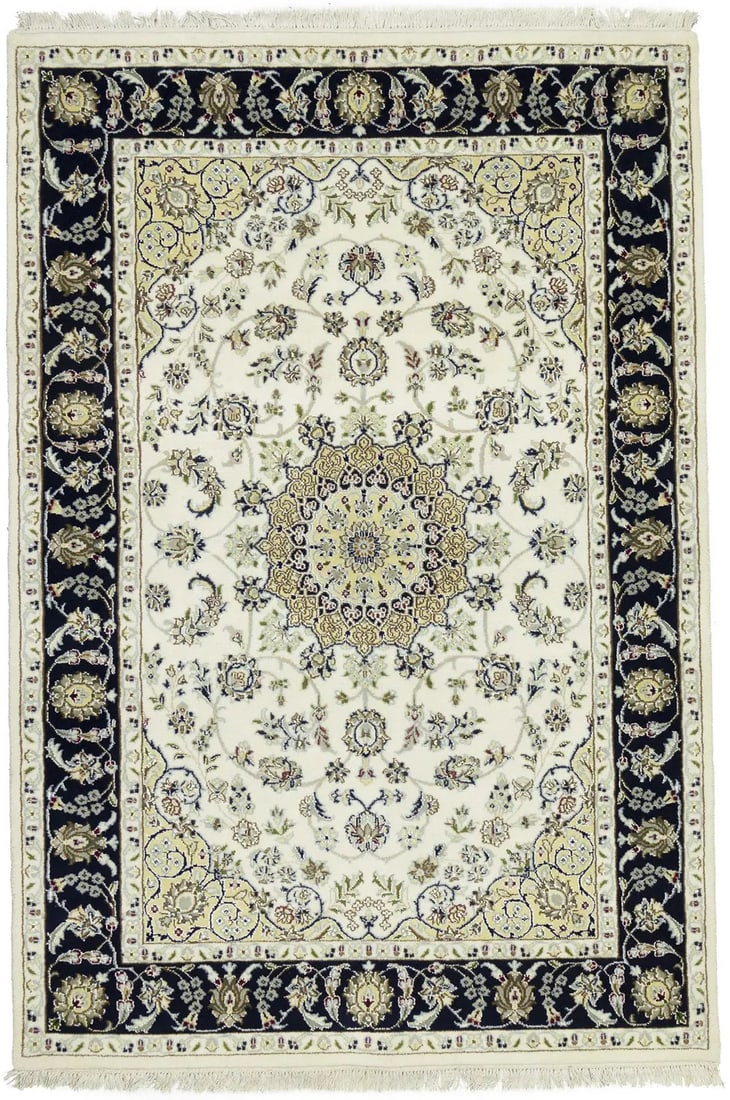 Handmade Indo-Nain Floral Wool Silk Area Rug 4X6 ft: Handmade Indo-Nain Floral Wool Silk Area Rug 4X6 ft Elevate your space with this exquisite Handmade Indo-Nain Wool Rug, featuring a classic floral medallion design. Measuring 4'1" x 6'0", this area ru