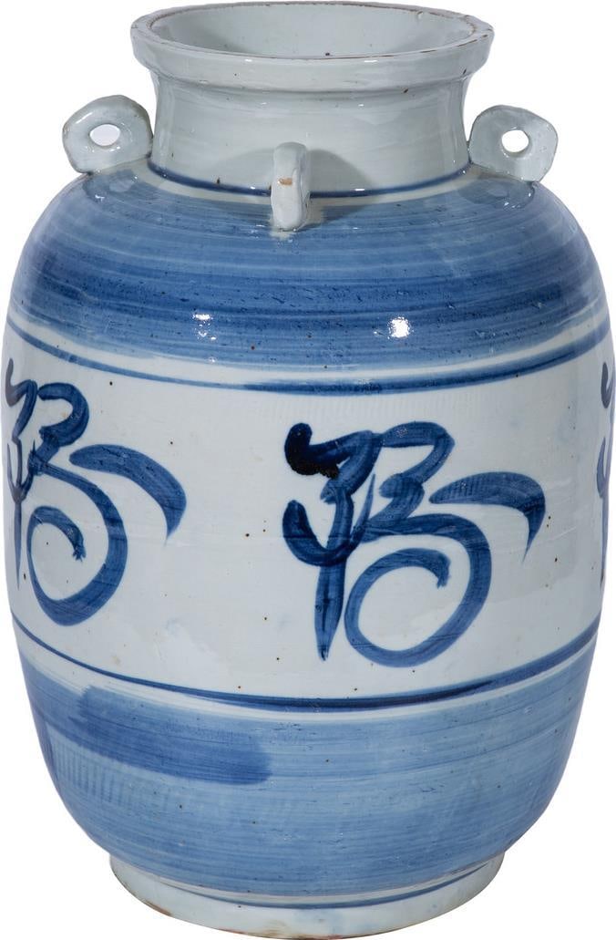 Hand-Crafted Chinese Style Blue and White Ceramic Jar 16H 10W 10D (1 of 3)
