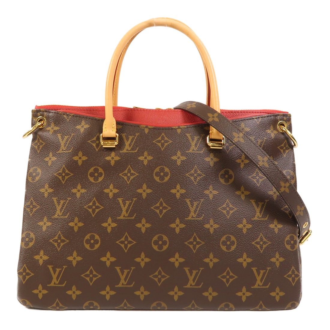 Louis Vuitton Pallas Monogram Two Way Shoulder Bag M41175 Brown Red: Louis Vuitton Pallas Monogram Two Way Shoulder Bag M41175 Brown Red This Louis Vuitton Pallas 2-way shoulder bag features the classic monogram pattern in brown with red accents. Crafted from PVC coate