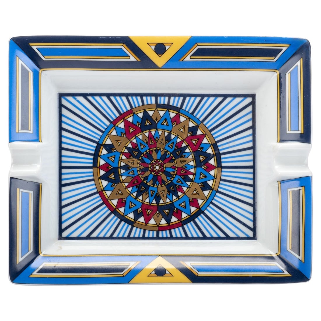 Hermes Blue Geometric Porcelain Ashtray Made in France: Hermes Blue Geometric Porcelain Ashtray Made in France This exquisite Hermes porcelain ashtray showcases a striking geometric design in blue, white, and gold, embodying the elegance and sophistication