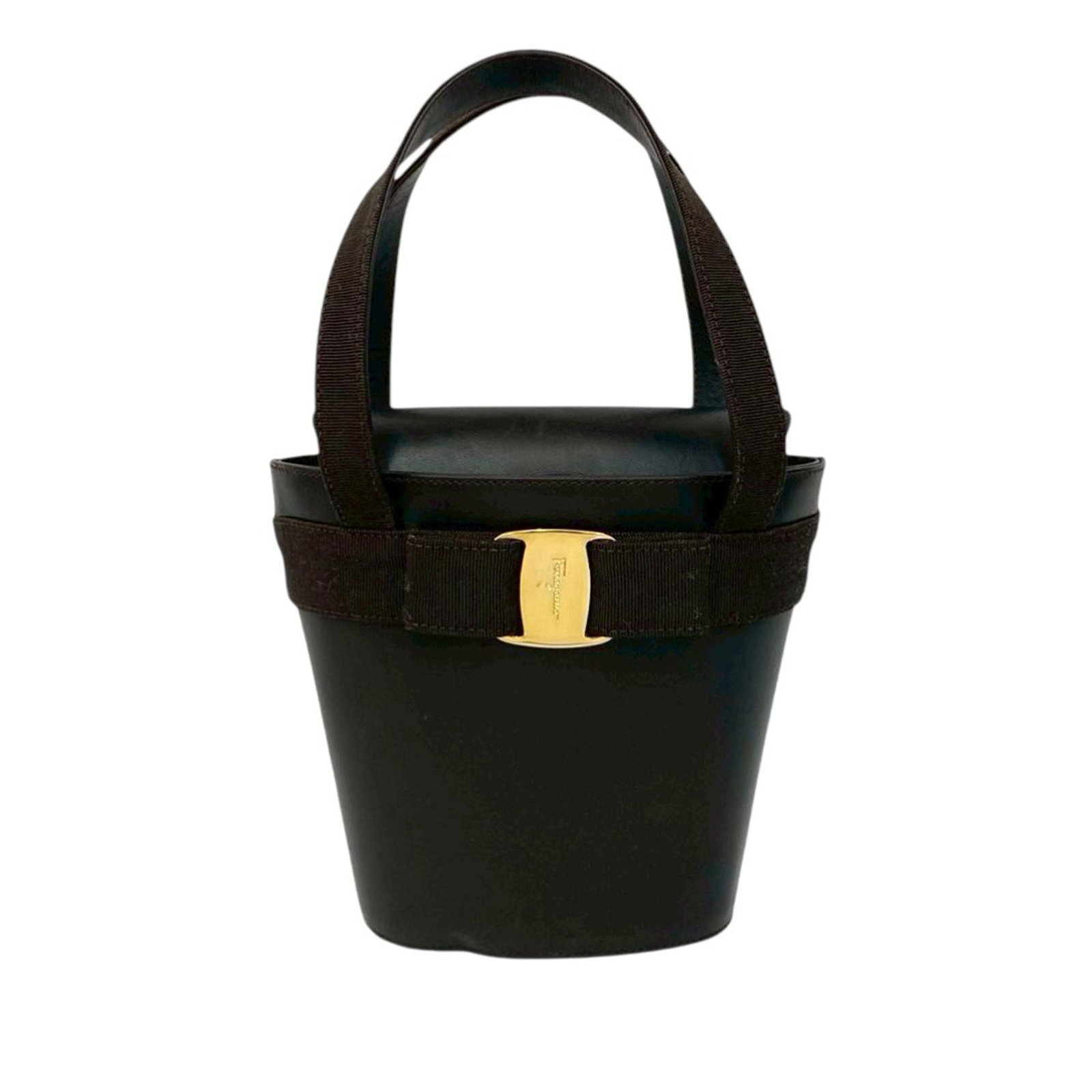 Vara Bow Leather Bucket Bag with Top Handle by Ferragamo: Vara Bow Leather Bucket Bag with Top Handle by Ferragamo This Ferragamo Leather Vara Bow Top Handle Bucket Bag features a leather body in brown, flat top handles, a fold-in flap with magnetic snap clo