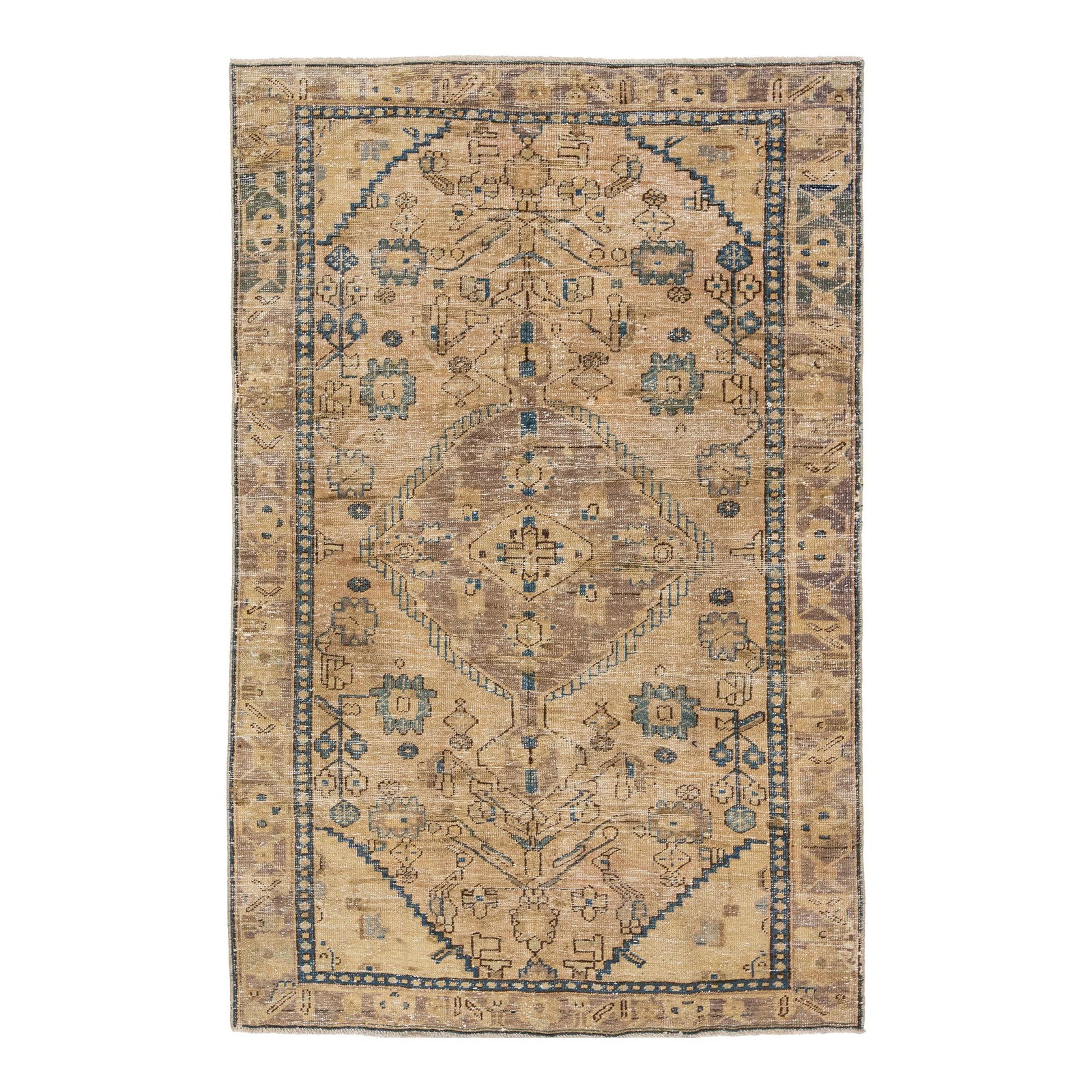 Vintage Persian Wool Rug Light Brown with Gray Blue Accents 4'1 x 6'4: Vintage Persian Wool Rug Light Brown with Gray Blue Accents 4'1 x 6'4 This beautifully designed vintage Persian wool rug showcases a light brown field adorned with subtle gray and blue accents, adding