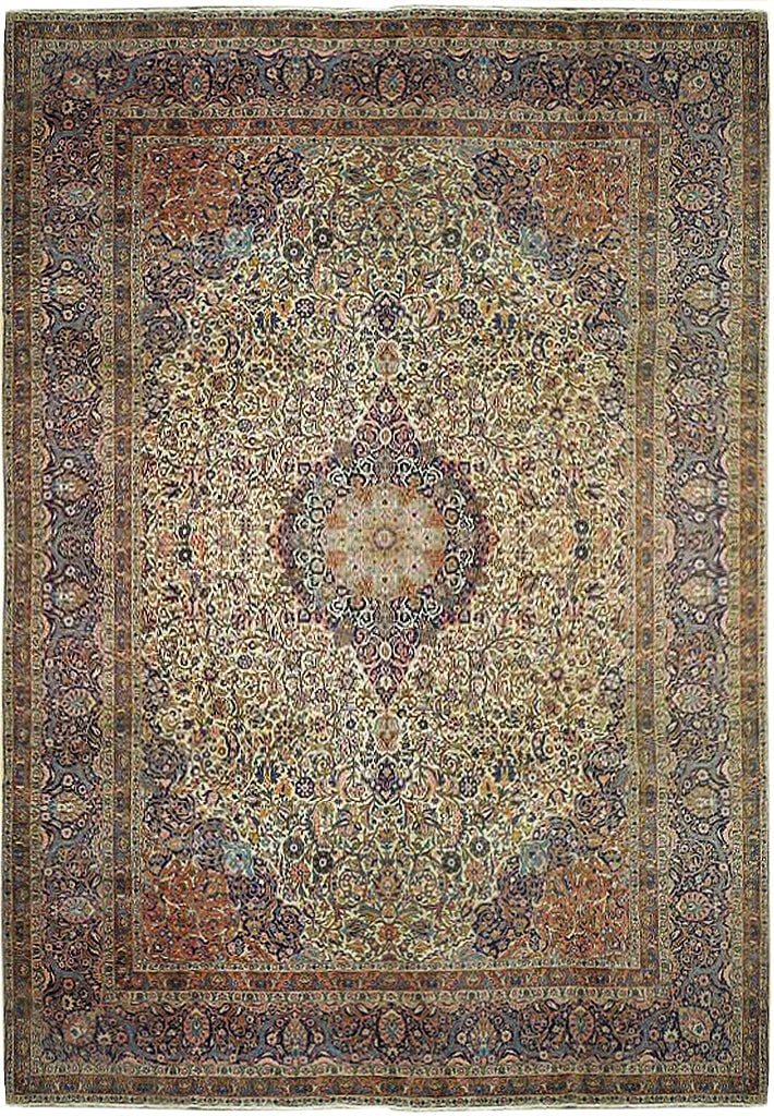 Antique Handmade Persian Kashan Rug 10' x 13'11" Ivory Elegant Design (1 of 6)