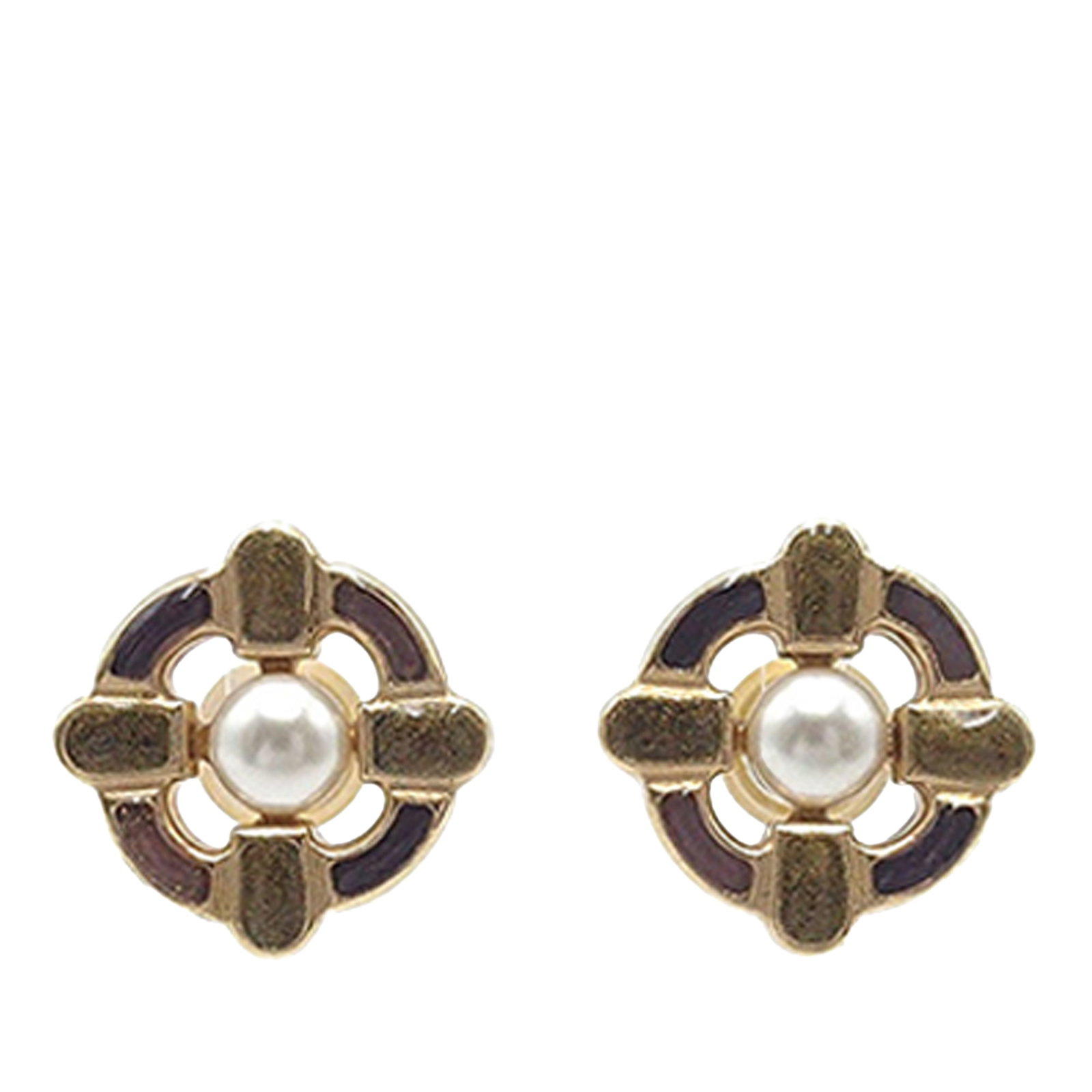 Chanel Maltese Cross Enamel Gold Plated Faux Pearl Earrings: Chanel Maltese Cross Enamel Gold Plated Faux Pearl Earrings These Chanel earrings feature a gold plated metal and enamel Maltese cross design adorned with faux pearls. They are fitted with push back c