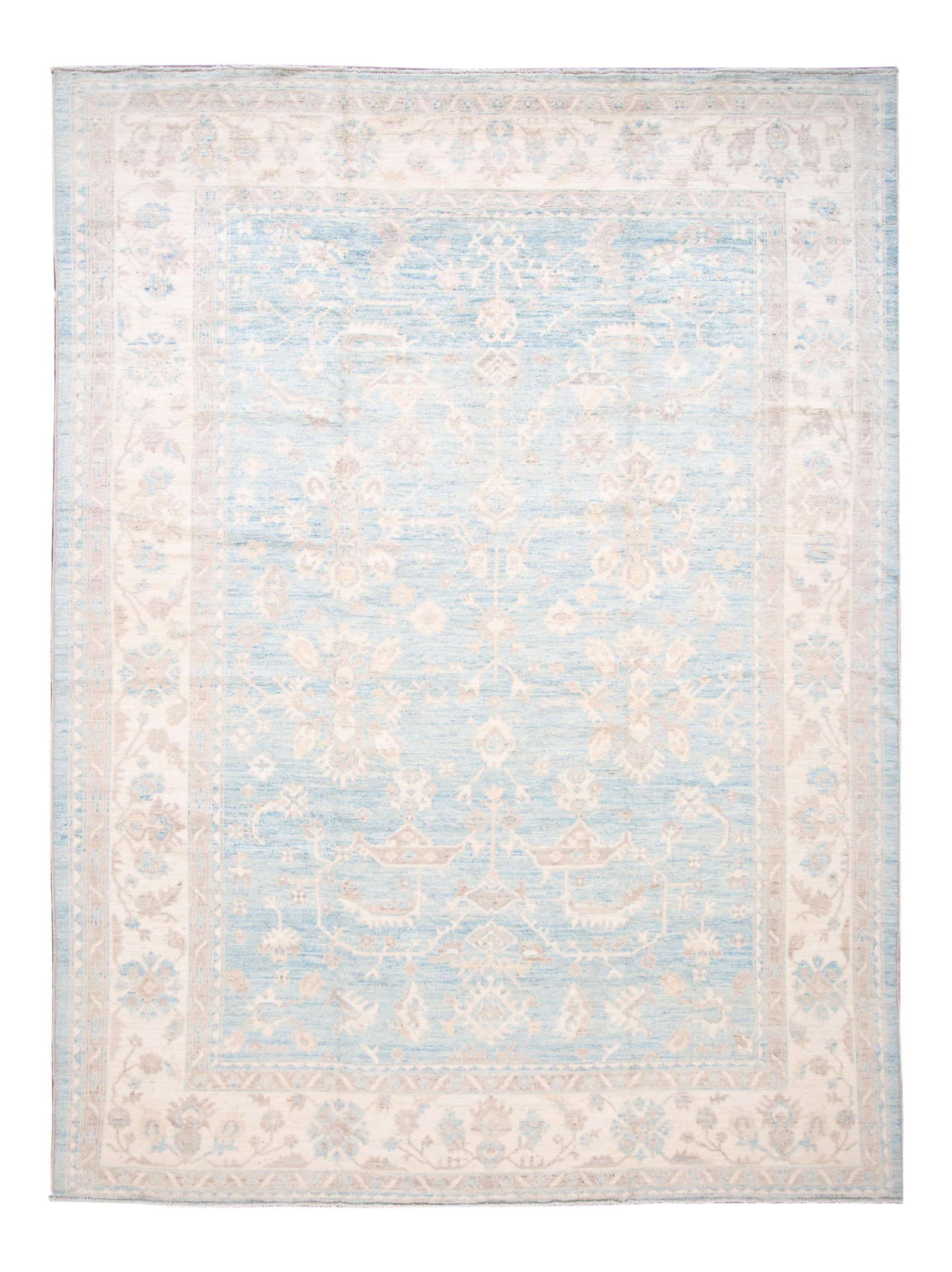 Elegant Turkish Oushak Handmade Wool Rug Blue Beige Floral 10'1 x 13'7: Elegant Turkish Oushak Handmade Wool Rug Blue Beige Floral 10'1 x 13'7 Enhance your living space with this stunning modern Turkish Oushak handmade wool rug. Featuring a serene light blue field, this r