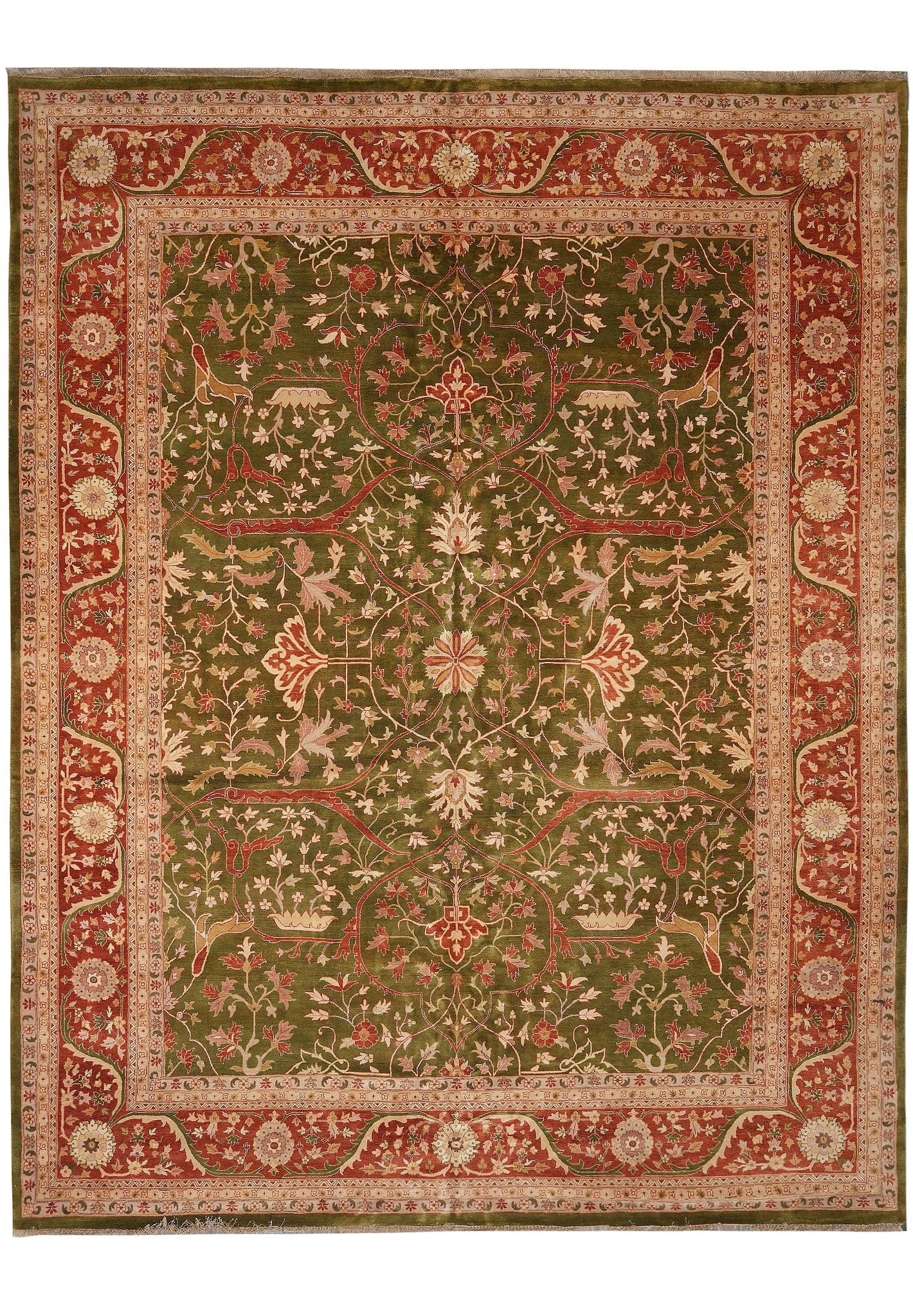 Handmade Agra Rug 12 x 15.4 Dense Weave Green Wool: Handmade Agra Rug 12 x 15.4 Dense Weave Green Wool Free continental US Shipping This handmade Agra rug features a dense weave and a spacious open field highlighted by rich red tones with intricate flo