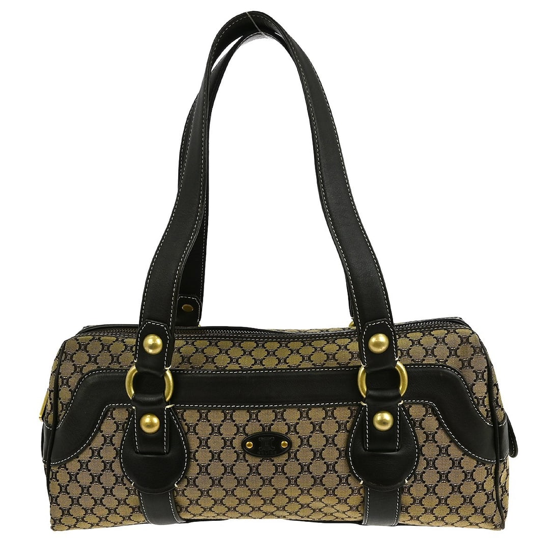 CELINE Macadam Brown Canvas Leather Medium Top Handle Bag with Double Handles: CELINE Macadam Brown Canvas Leather Medium Top Handle Bag with Double Handles This CELINE Macadam handbag is a stylish accessory perfect for casual occasions. Crafted from durable canvas leather, it f