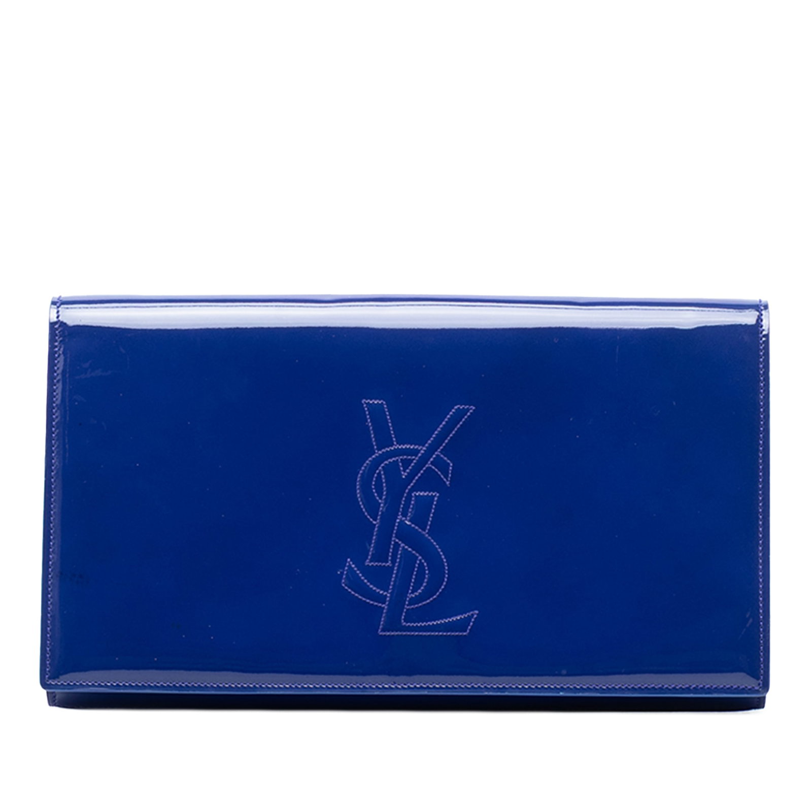 Saint Laurent Belle du Jour Blue Patent Leather Flap Clutch Bag: Saint Laurent Belle du Jour Blue Patent Leather Flap Clutch Bag This Saint Laurent Belle Du Jour clutch features a sleek patent leather body in blue, a front flap with magnetic closure, and an interio