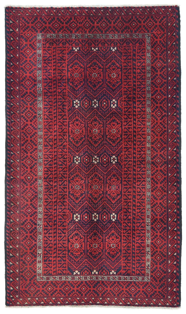 Vintage Hand-Knotted Wool Geometric Red Tribal Rug 4'11 x 8'6: Vintage Hand-Knotted Wool Geometric Red Tribal Rug 4'11 x 8'6 Enhance your home decor with this stunning vintage hand-knotted Oriental rug, featuring a vibrant color palette of red, plum, cream, and c