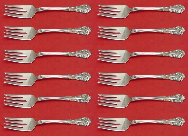 Alvin Chateau Rose Sterling Silver Salad Fork Set 12 Pieces: Alvin Chateau Rose Sterling Silver Salad Fork Set 12 Pieces This exquisite set of 12 salad forks is crafted in sterling silver, showcasing the elegant Chateau Rose pattern by Alvin. Each fork measures