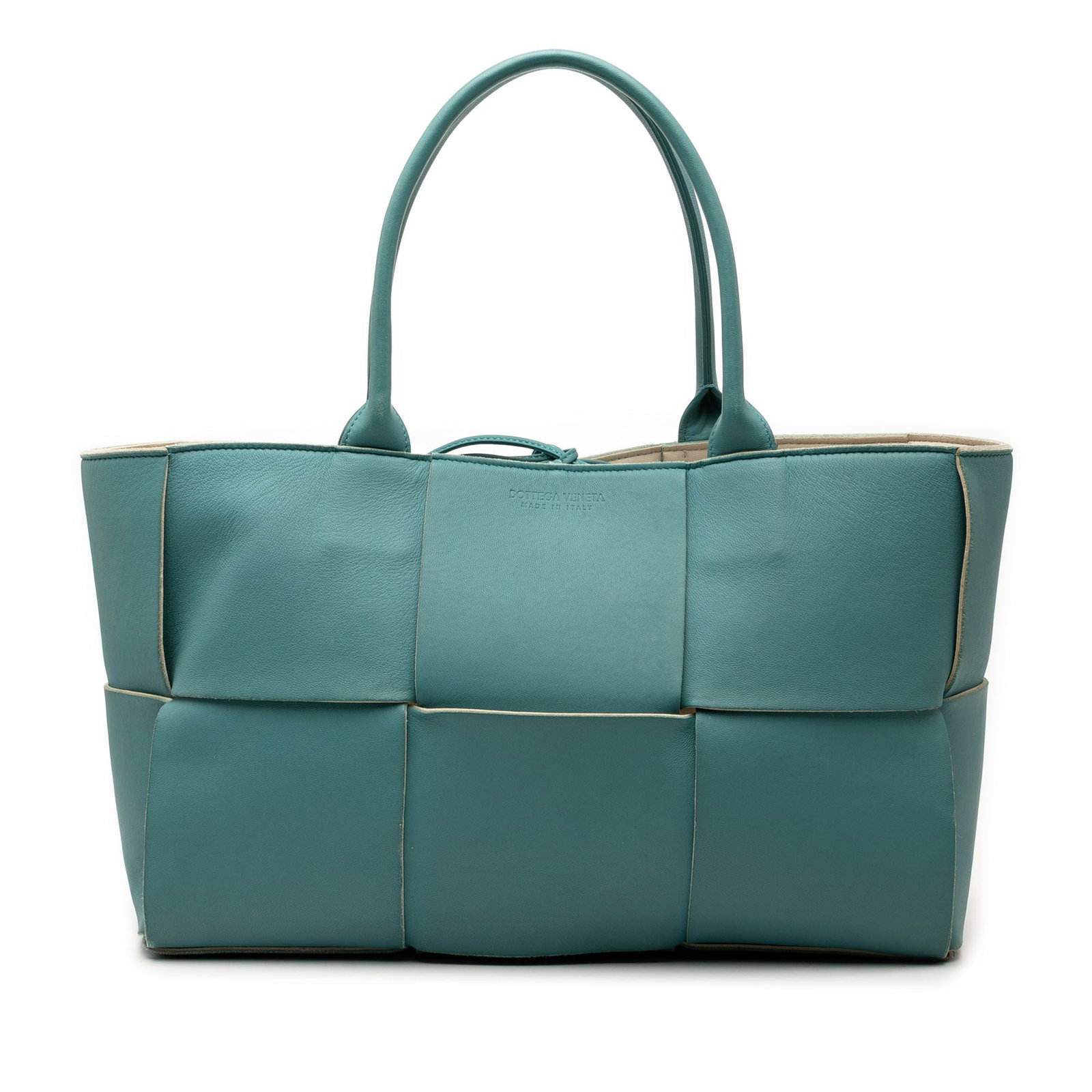 Bottega Veneta Arco Tote Medium Maxi Intrecciato Blue Leather Bag: Bottega Veneta Arco Tote Medium Maxi Intrecciato Blue Leather Bag This Bottega Veneta Medium Nappa Maxi Intrecciato Arco Tote features a woven leather body, rolled leather top handles, an open top wit