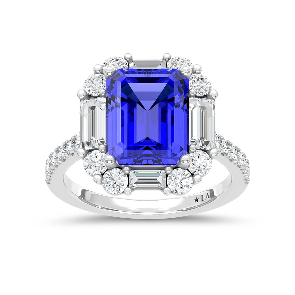 14K White Gold Lab Grown Diamond 6 Ct.Tw. Cushion Shape Recrystalized Blue sapphire Engagement Ring: 14K White Gold Lab Grown Diamond 6 Ct.Tw. Cushion Shape Recrystalized Blue sapphire Engagement Ring (Center 4 1/2 ct) Make a statement of elegance with this 14K white gold engagement ring, featuring a
