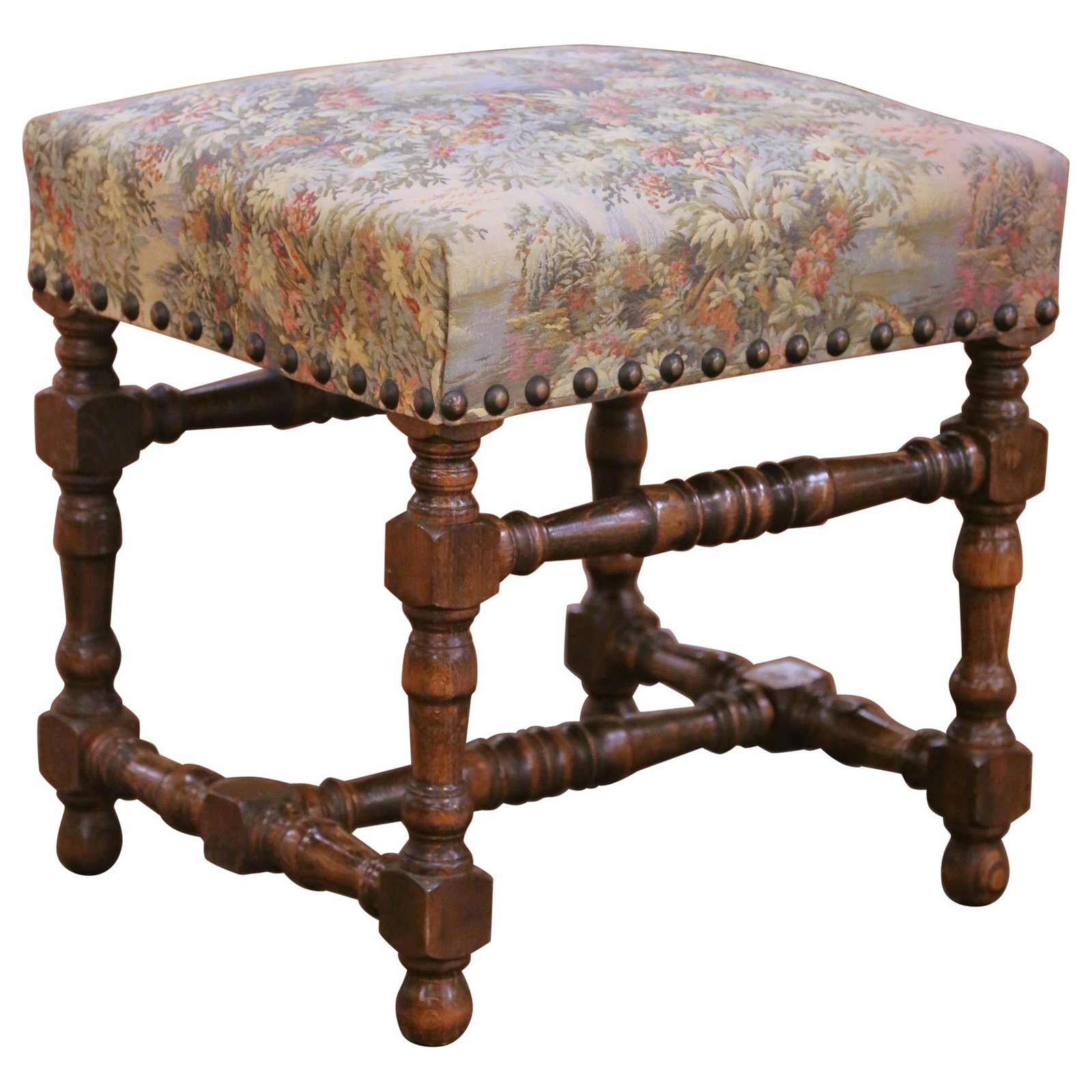 Beechwood Stool Upholstered in Louis XIII French Revival Tapestry circa 1970 (1 of 10)