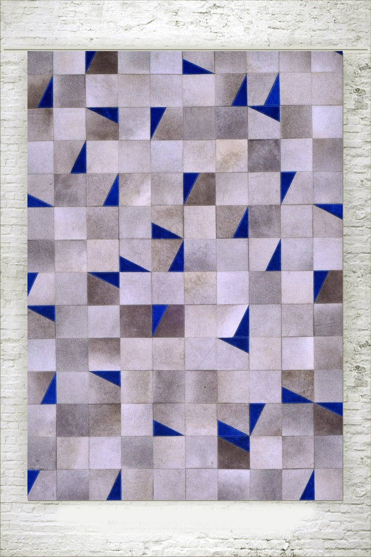 Luxury Blue Grey Geometric Patchwork Cowhide Leather Rug Electric Blue Accents 3FTx5FT (1 of 1)