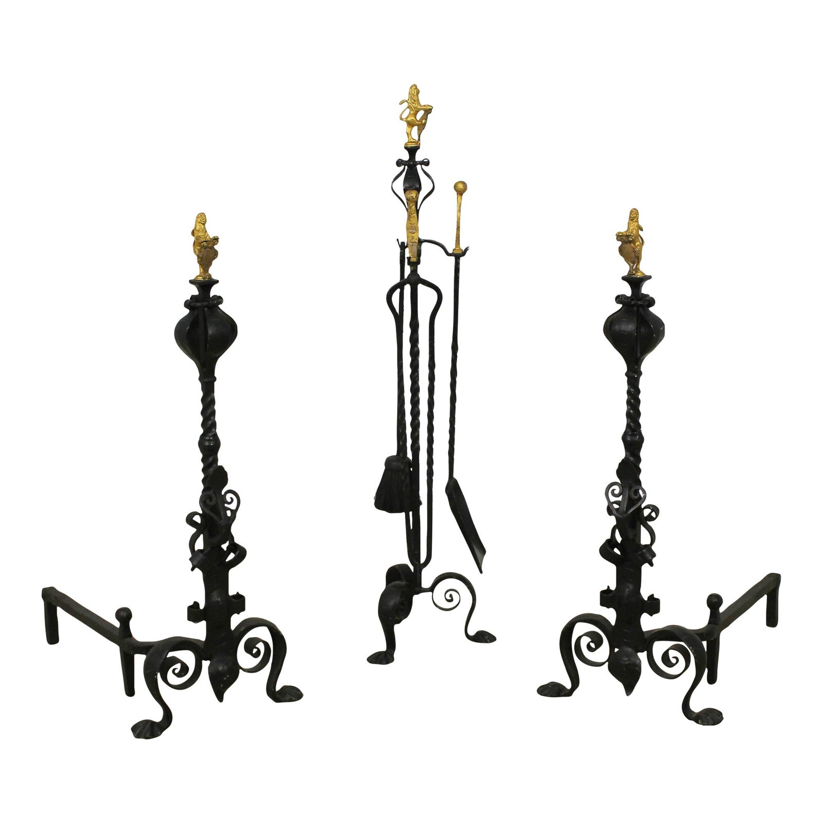 100 Year Old Palatial Wrought Iron 3 Piece Fireplace Andiron Set (1 of 10)