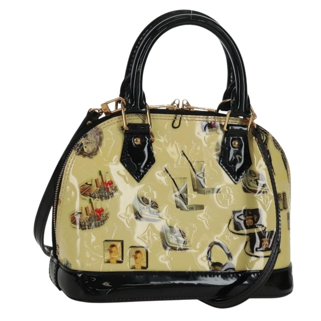 White Vernis Sticker Print Alma PM Patent Leather Handbag with M50466 Code: White Vernis Sticker Print Alma PM Patent Leather Handbag with M50466 Code This Louis Vuitton Alma PM handbag features white patent leather with a distinctive sticker print. The bag includes both a du