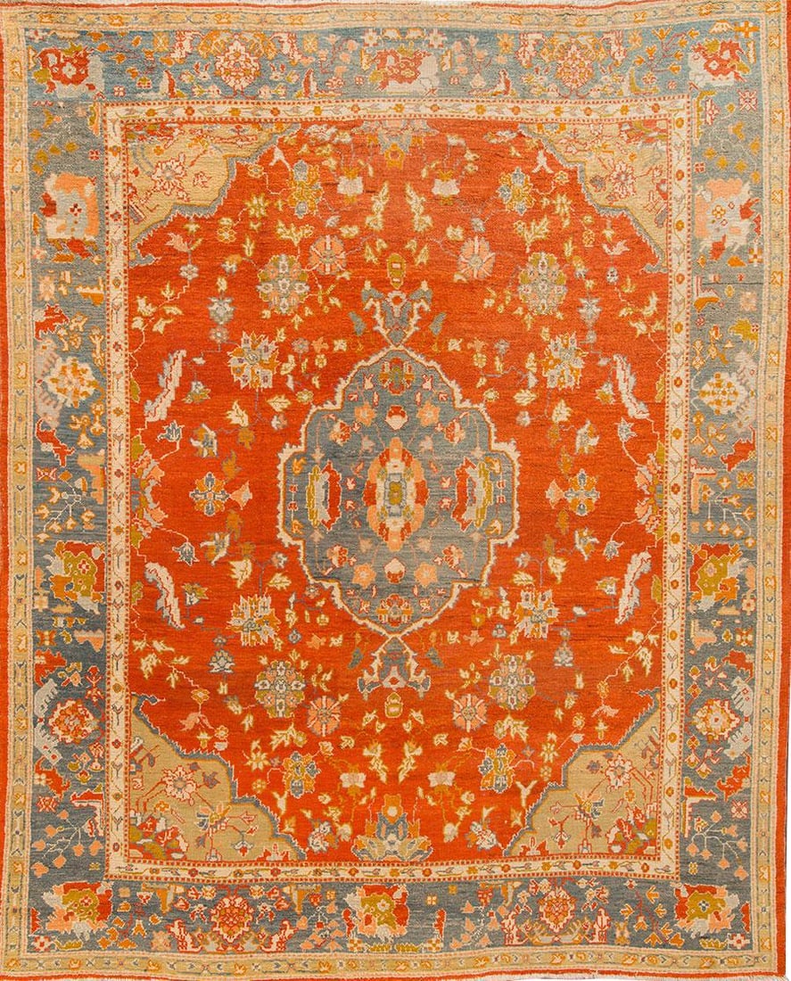 Antique Oushak Wool Rug Orange Floral Design 10'3 x 12'9: Antique Oushak Wool Rug Orange Floral Design 10'3 x 12'9 Discover the exquisite charm of this Antique Oushak hand-knotted wool rug, featuring a vibrant orange field adorned with multi-color accents in