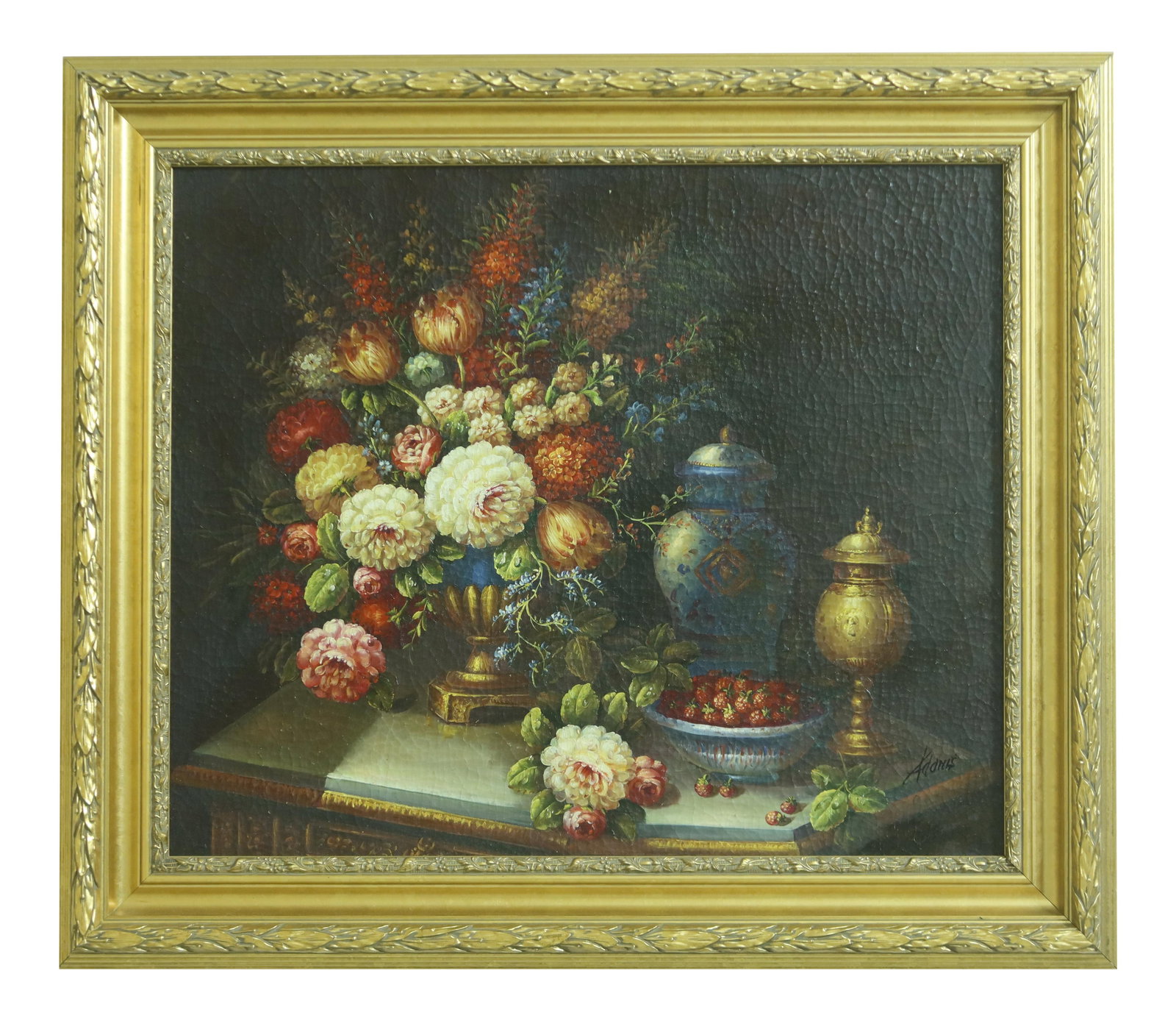 Adottis Signed Floral Oil Painting 30 x 26 Framed Vintage Art (1 of 9)