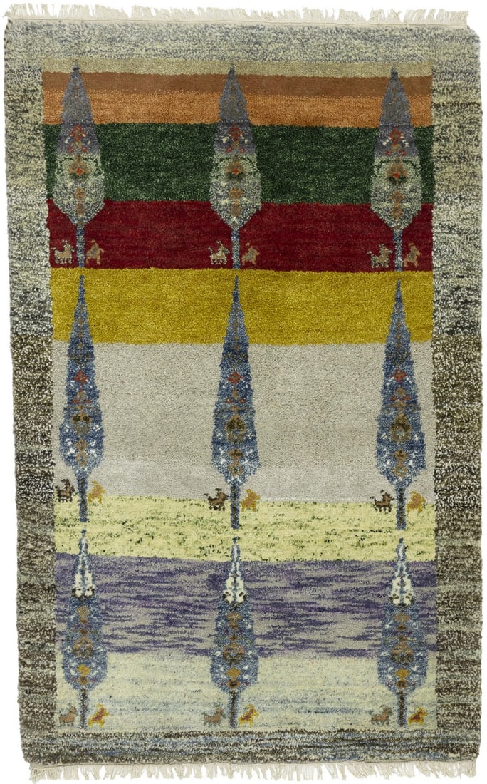 Hand-Knotted Wool Indo-Gabbeh 3'2 x 5'4 Tribal Multicolored Pictorial Rug: Hand-Knotted Wool Indo-Gabbeh 3'2 x 5'4 Tribal Multicolored Pictorial Rug This Indo-Gabbeh Oriental rug features a vibrant multicolored tribal pictorial design. Hand-knotted in India from wool, it has