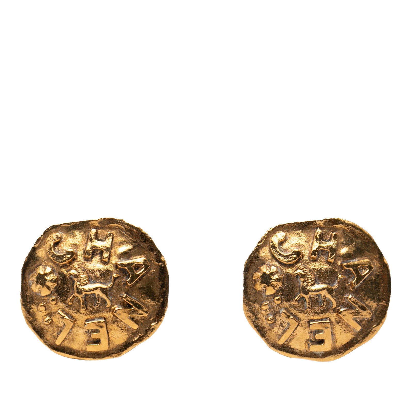 Chanel Clip-On Earrings with Gold Plated Lion and Logo Design: Chanel Clip-On Earrings with Gold Plated Lion and Logo Design These Chanel clip-on earrings feature a gold-plated metal body adorned with the brand's iconic logo and lion motif. Made in France, they a