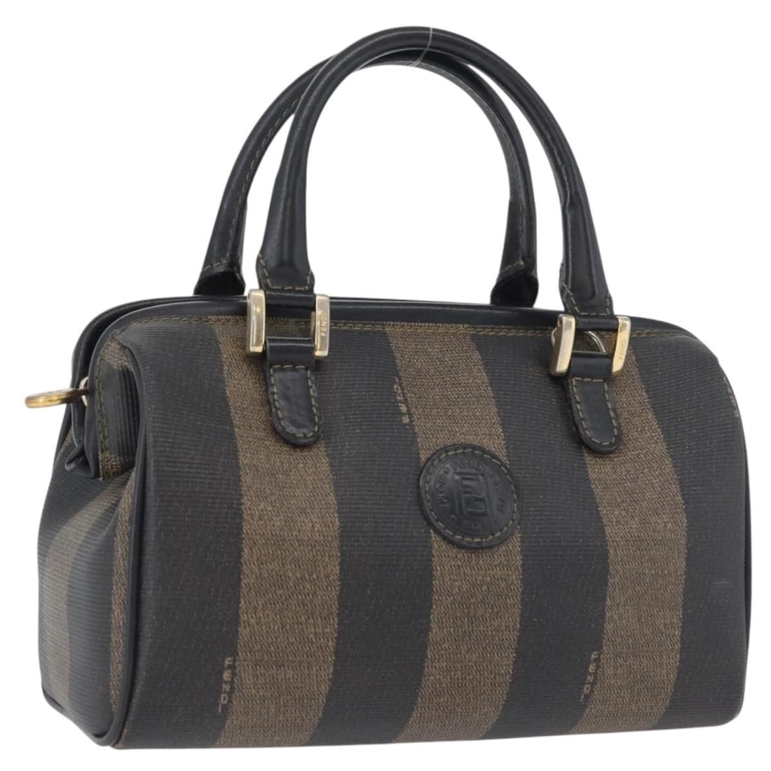 Fendi Mini Handbag Pequin Canvas PVC Brown Black Italy: Fendi Mini Handbag Pequin Canvas PVC Brown Black Italy This FENDI mini handbag features the iconic Pequin canvas with brown and black stripes, complemented by durable PVC leather trim. Designed for wo