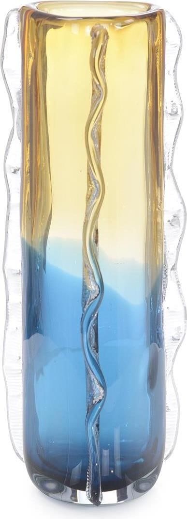 John-Richard Art Nouveau Blue Yellow Handblown Glass Vase 17H Rippled Edges (1 of 1)