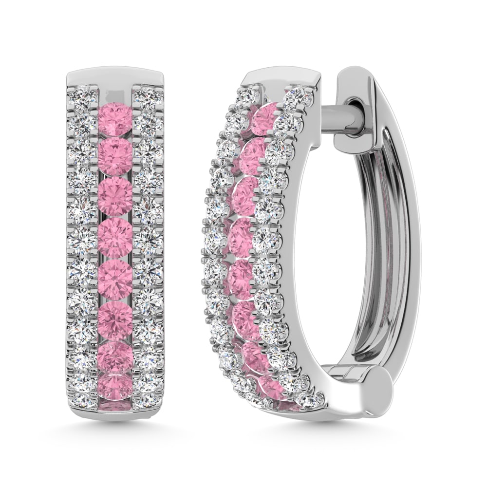 14K White Gold Lab Grown Diamond 1 Ct.Tw. Earrings (Center Row Pink Diamond): 14K White Gold Lab Grown Diamond 1 Ct.Tw. Earrings (Center Row Pink Diamond) Crafted in refined 14K white gold, these earrings showcase 1 Ct.Tw. of lab grown diamonds with a romantic pink diamond cent