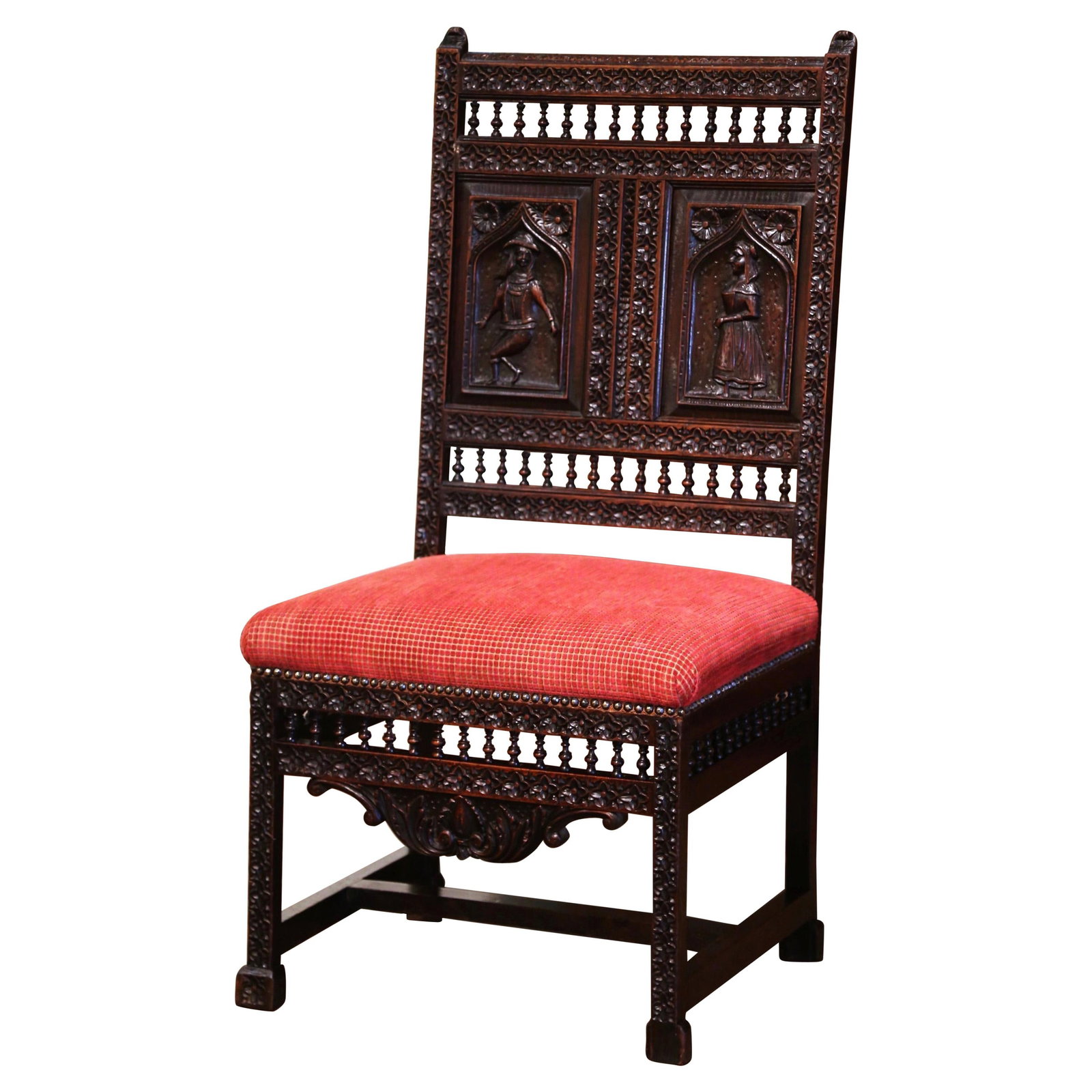 19th Century French Louis XIII Carved Oak Chair Red Velvet Seat: 19th Century French Louis XIII Carved Oak Chair Red Velvet Seat This exquisite 19th Century French Breton Carved Oak Chair showcases the artistry of the Louis XIII style. Crafted in Brittany around 18