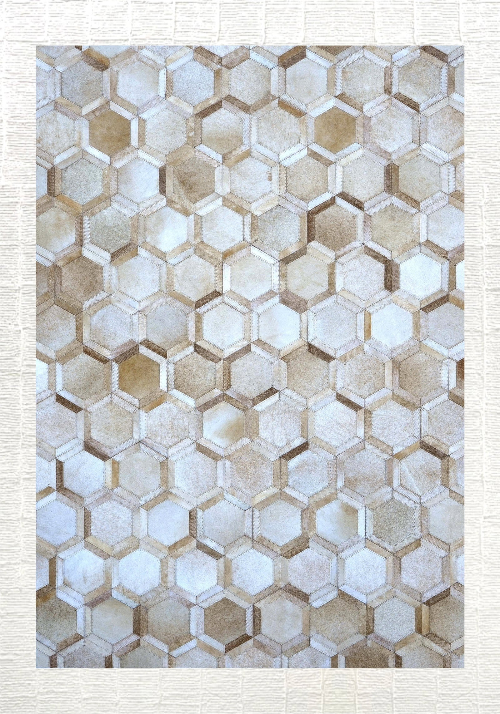 Modern Hexagon Geometric Genuine Hair-on-Hide Leather Area Rug 3FT x 5FT: Modern Hexagon Geometric Genuine Hair-on-Hide Leather Area Rug 3FT x 5FT Free continental US Shipping This area rug showcases a bold hexagonal geometric pattern crafted from 100% genuine hair-on-hide
