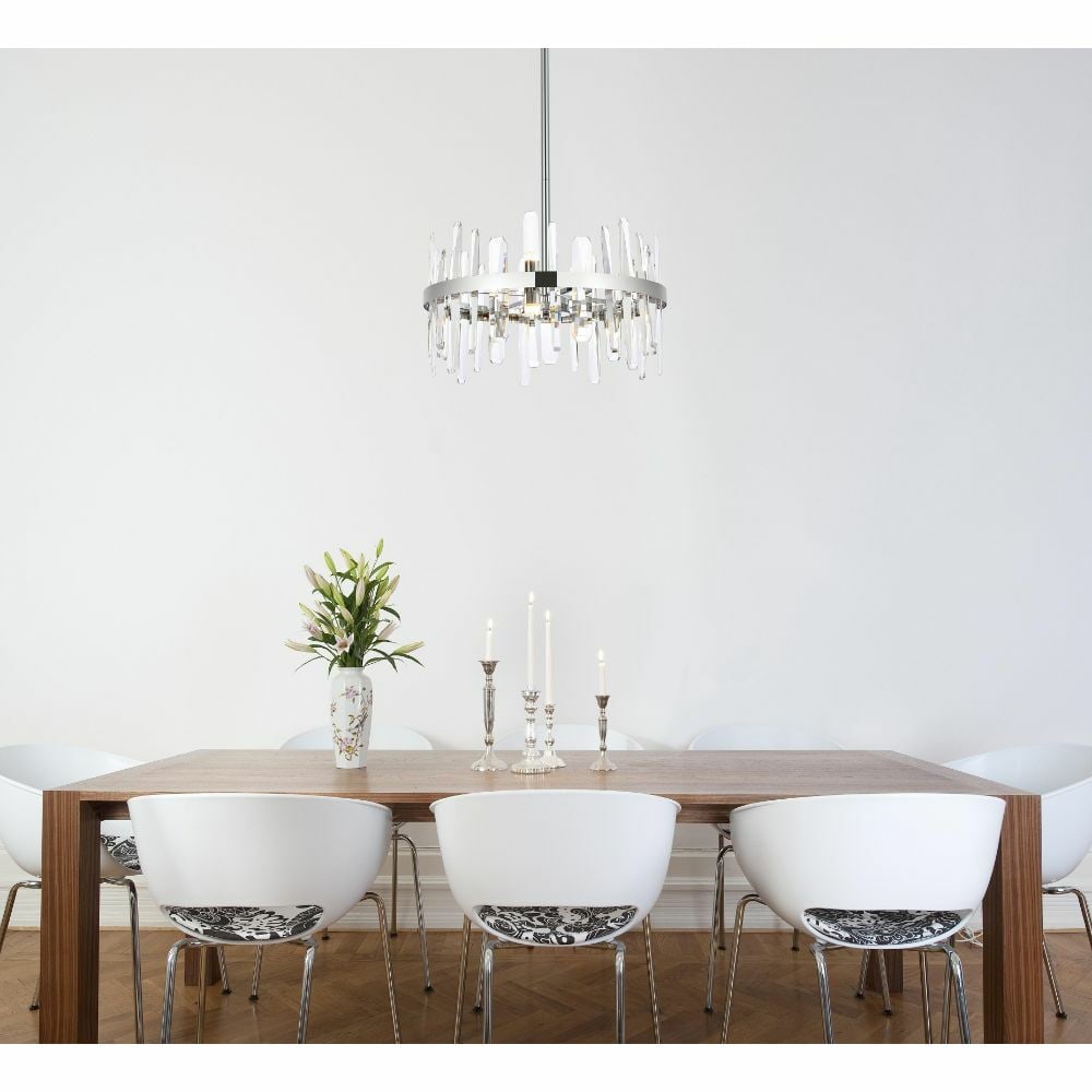 Serena 10-Light Modern Crystal Chrome Pendant Chandelier for Dining or Living Room: Serena 10-Light Modern Crystal Chrome Pendant Chandelier for Dining or Living Room This modern 10-light crystal chandelier features a chrome-plated finish and high-quality royal cut clear crystals, de