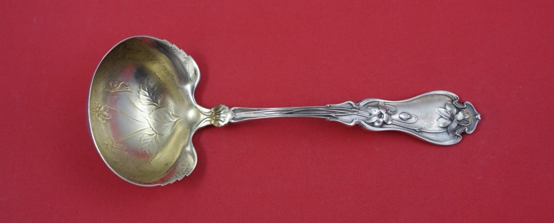 Sterling Silver Gravy Ladle 7.5 Inch Violet Pattern Gold Wash (1 of 2)