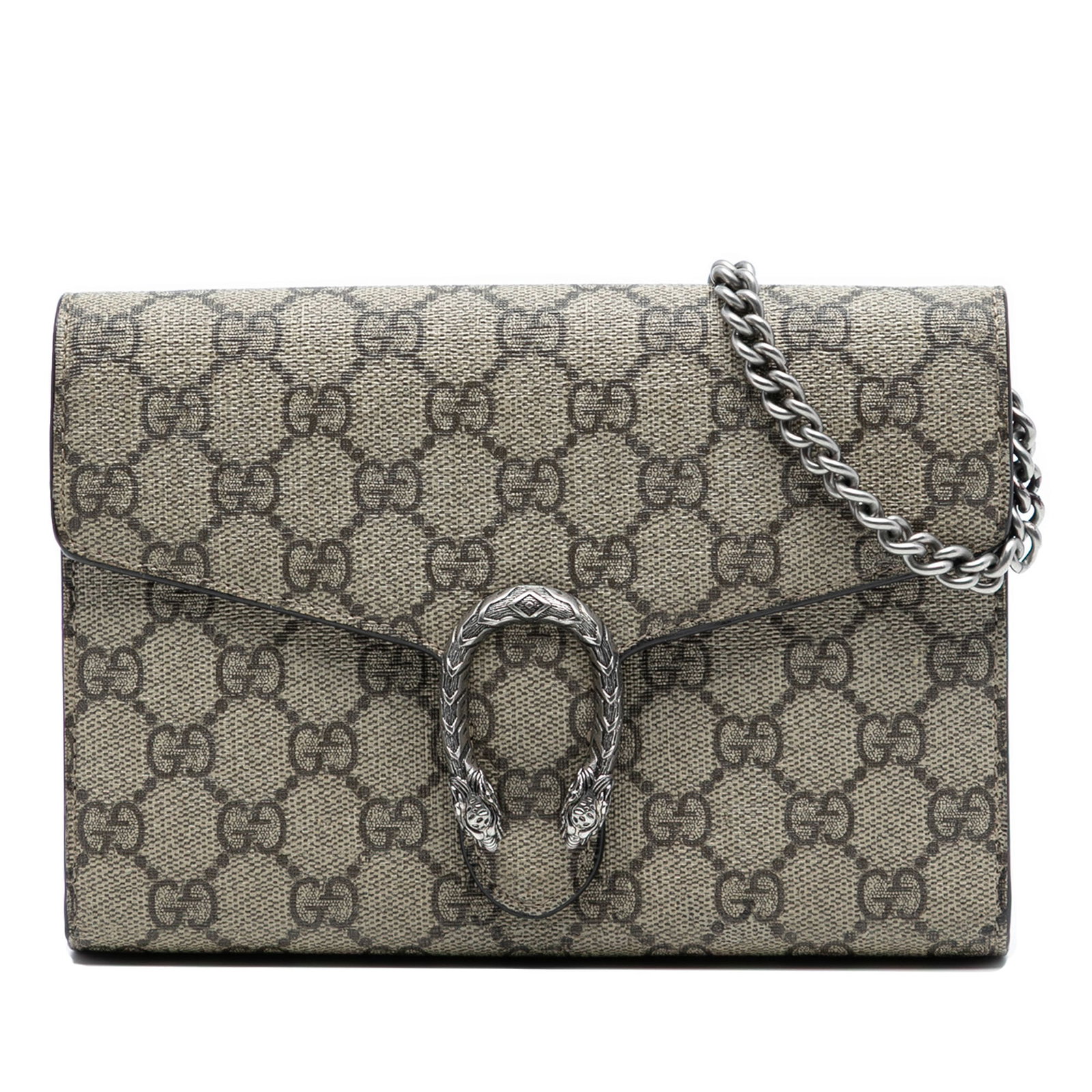 Gucci Dionysus GG Supreme Chain Wallet in Coated Canvas Beige: Gucci Dionysus GG Supreme Chain Wallet in Coated Canvas Beige The Gucci GG Supreme Dionysus Chain Wallet features a coated canvas body in brown, complemented by a silver-tone curb chain strap. It is d