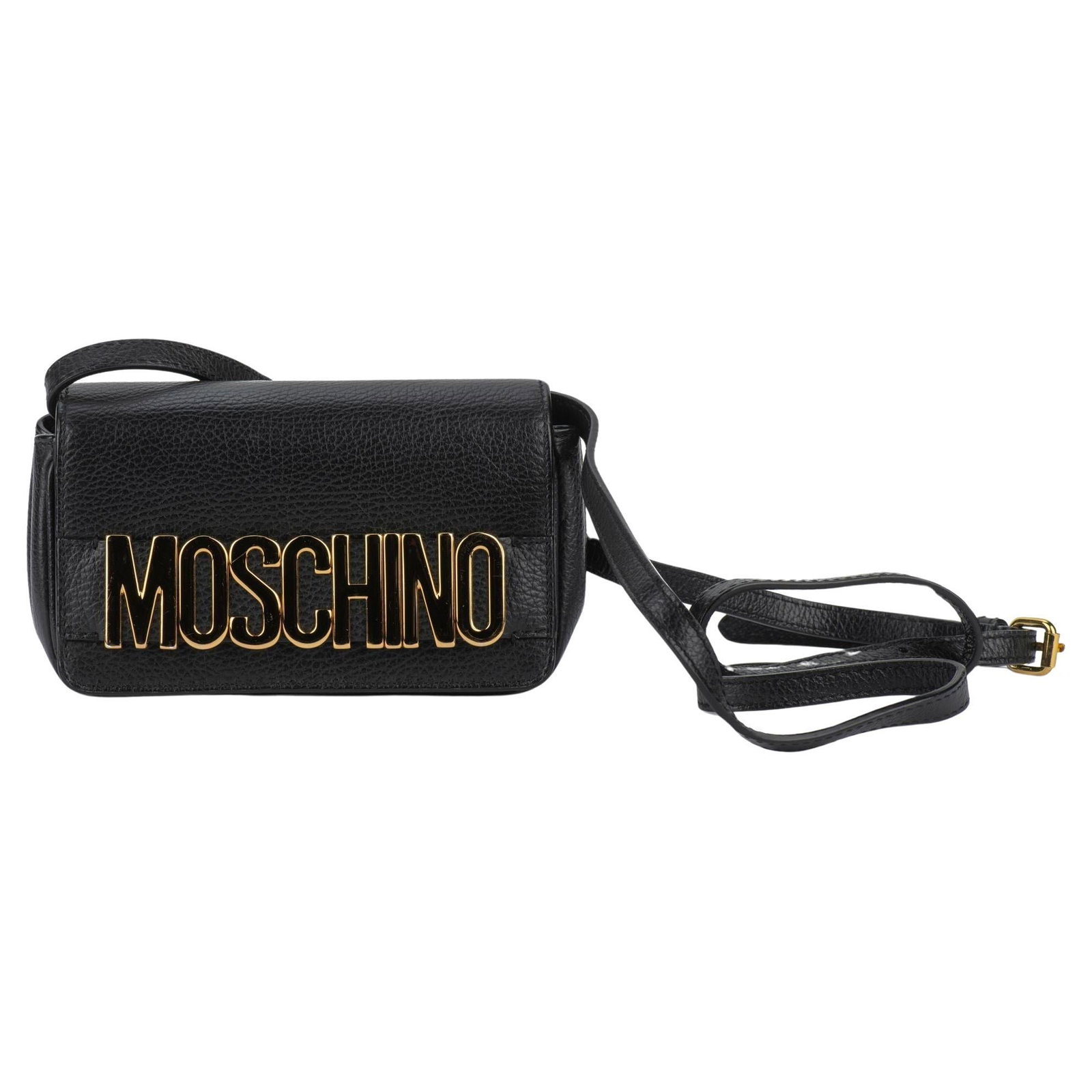 Moschino Black Pebbled Leather Crossbody Bag with Gold Lettering (1 of 13)